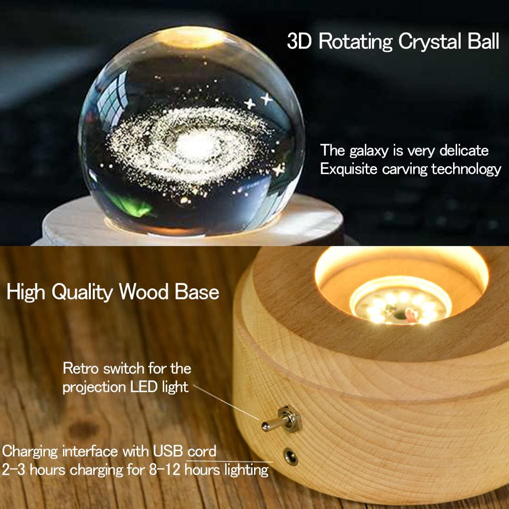 GetUSCart- Projection LED Light-3D Crystal Ball Music Box Luminous Rotating  Musical Box-Wood Base Best Gift for Birthday Christmas (Galaxy)